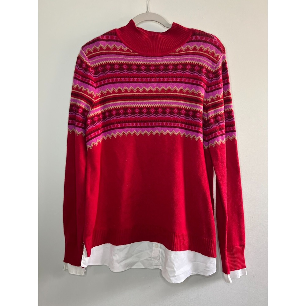 Isaac Mizrahi Live Red Multicolor Fair Isle Layered Sweater Womens Medium